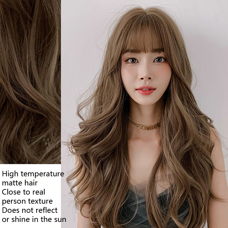 Wig Female Long Hair Big Wave Fluffy Full Headgear Long Curly Hair(Black Brown 65cm)