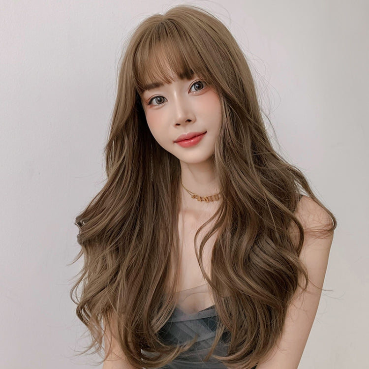 Wig Female Long Hair Big Wave Fluffy Full Headgear Long Curly Hair(Black Brown 65cm)