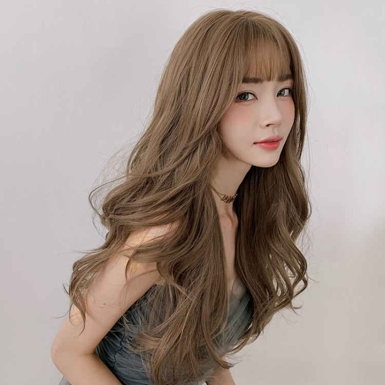 Wig Female Long Hair Big Wave Fluffy Full Headgear Long Curly Hair(Black Brown 65cm)