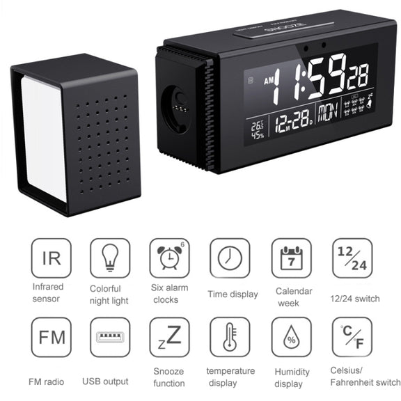 TS-P30 Multifunctional Night Light Alarm Digital Clock with FM Radio & Temperature / Humidity Display & IR Sensor Function(Black)