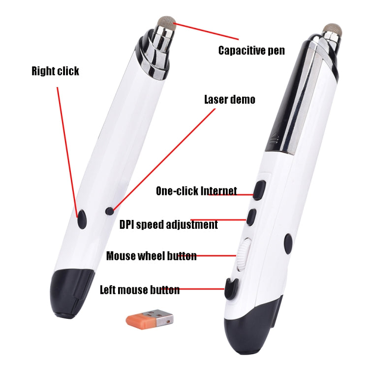 PR-08 1600DPI 6 Keys 2.4G Wireless Electronic Whiteboard Pen Multi-Function Pen Mouse PPT Flip Pen(White)