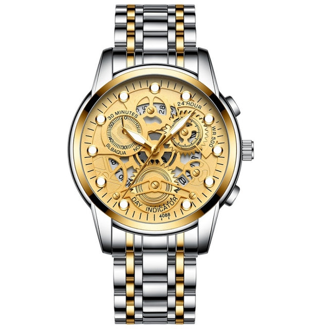 FNGEEN 4088 Men Hollow Quartz Watch Student Water-resistant Luminous Watch(Gold And Gold Surface)