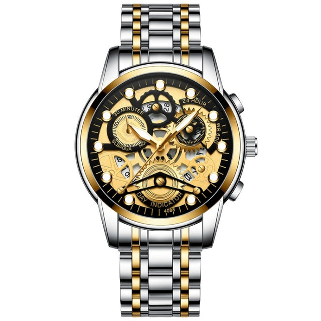 FNGEEN 4088 Men Hollow Quartz Watch Student Water-resistant Luminous Watch(Gold Black Surface)