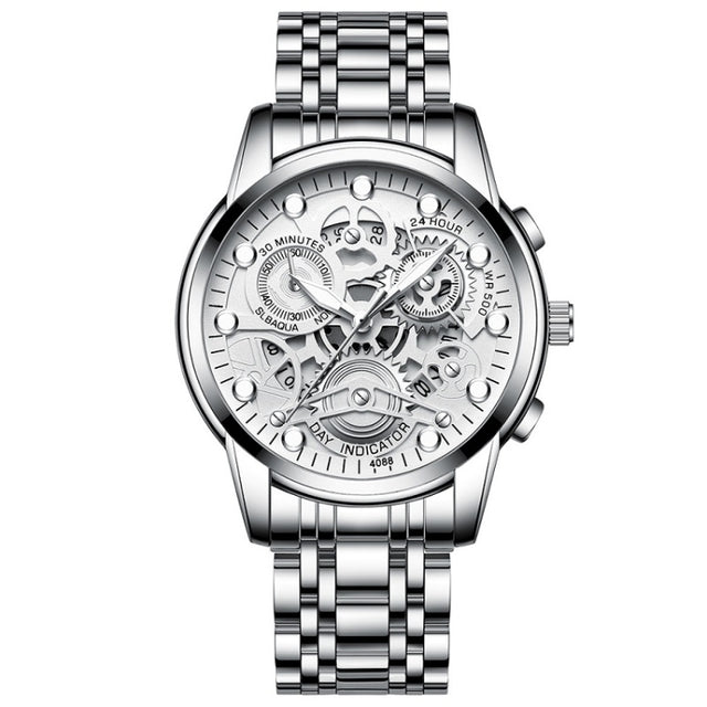 FNGEEN 4088 Men Hollow Quartz Watch Student Water-resistant Luminous Watch(White Steel White Surface)