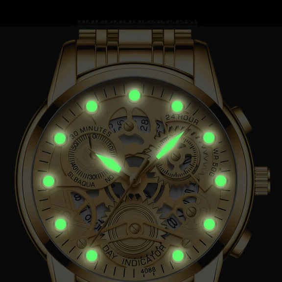 FNGEEN 4088 Men Hollow Quartz Watch Student Water-resistant Luminous Watch(Brown Leather Gold Surface)