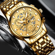 FNGEEN 4088 Men Hollow Quartz Watch Student Water-resistant Luminous Watch(Brown Leather Gold Surface)