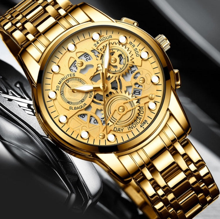 FNGEEN 4088 Men Hollow Quartz Watch Student Water-resistant Luminous Watch(All Black Surface White Nails)
