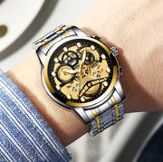 FNGEEN 4088 Men Hollow Quartz Watch Student Water-resistant Luminous Watch(All Black Surface Gold Nails)