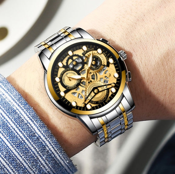 FNGEEN 4088 Men Hollow Quartz Watch Student Water-resistant Luminous Watch(All Black Surface White Nails)