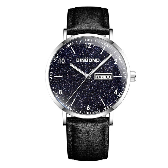BINBOND B3820 Men Simple Luminous Quartz Watch Student Trendstarry Starry Sky Pattern Watch(Black Leather White Shell White Nails)