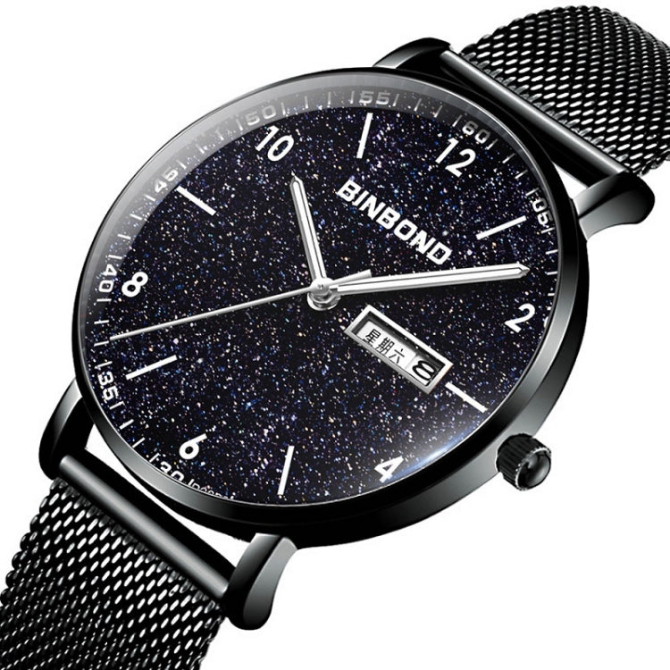 BINBOND B3820 Men Simple Luminous Quartz Watch Student Trendstarry Starry Sky Pattern Watch(Black Leather White Shell White Nails)