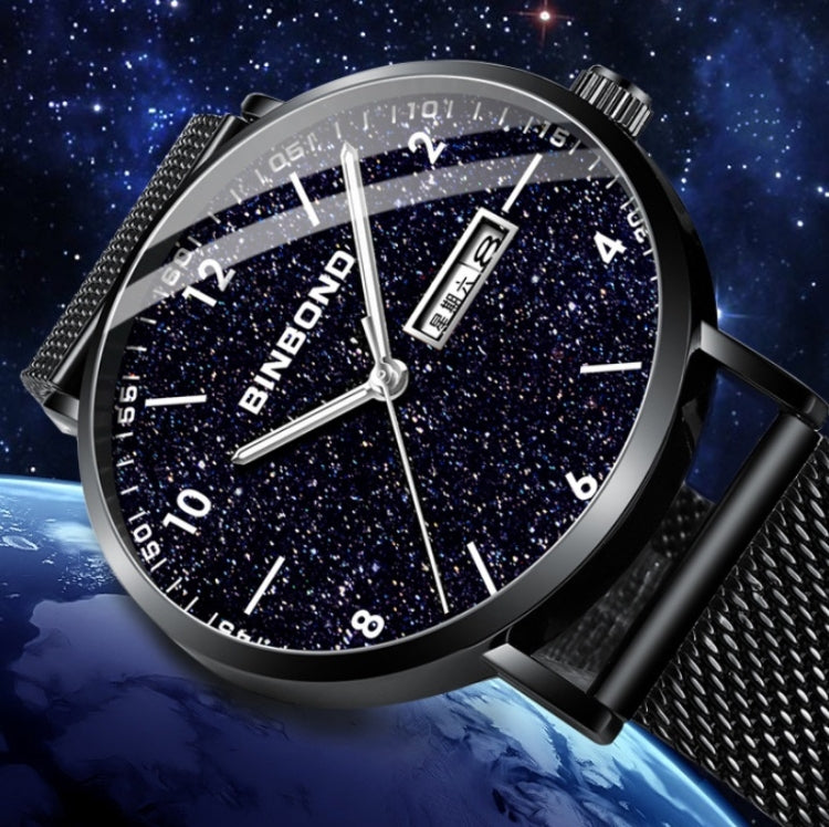 BINBOND B3820 Men Simple Luminous Quartz Watch Student Trendstarry Starry Sky Pattern Watch(Black Leather White Shell White Nails)