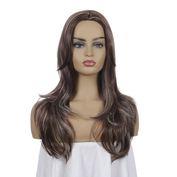 Women Mid-Point Mid-Length Curly Wig Chemical Fiber Headgear(Dark Brown + Light Gold)