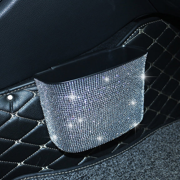 Car-Studded Trash Can Personality Car Hanging Trash Bag Multi-Function Car Storage Box(White Diamonds)