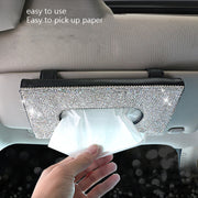 Car Tissue Box Car Hanging Sun Visor Pumping Box(Beige White Diamonds)