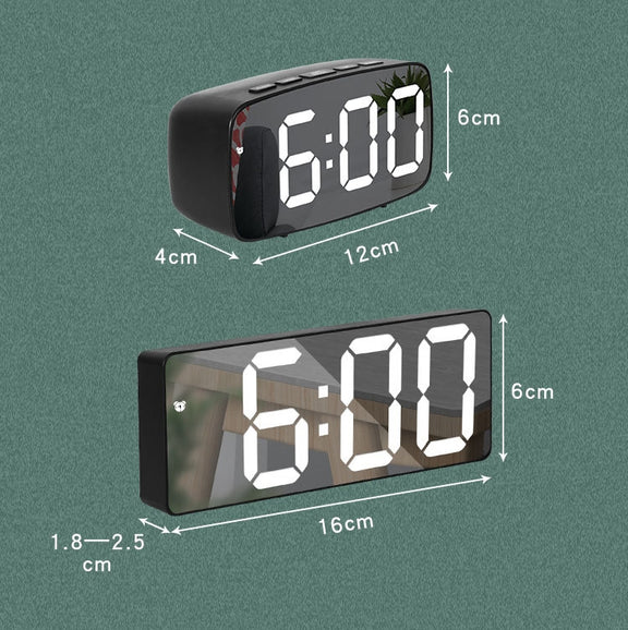 Mirror Bedside Alarm Clock Battery Plug-In Dual-Purpose LED Clock, Colour: Arc-shaped Black Shell (Mirror White Light)