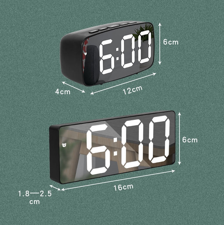 Mirror Bedside Alarm Clock Battery Plug-In Dual-Purpose LED Clock, Colour: Rectangular Black Shell (Mirror White Light)