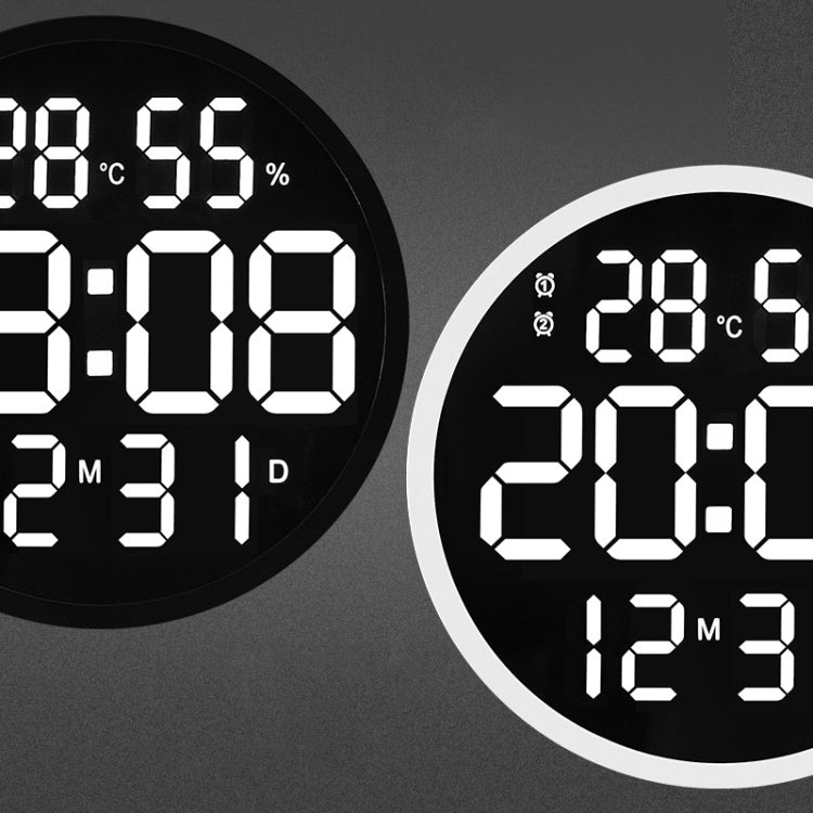 6620 12 Inch LED Simple Wall Clock Living Room Round Silent Digital Temperature And Humidity Electronic Clock(White Frame US Plug)