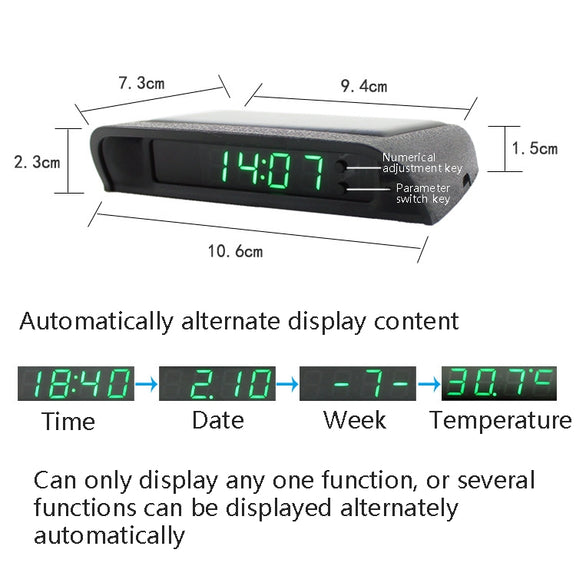 Solar Night Light Car Clock Automotive Electronic Clock Temperature Time+Date+Week+Temperature(Green Light)