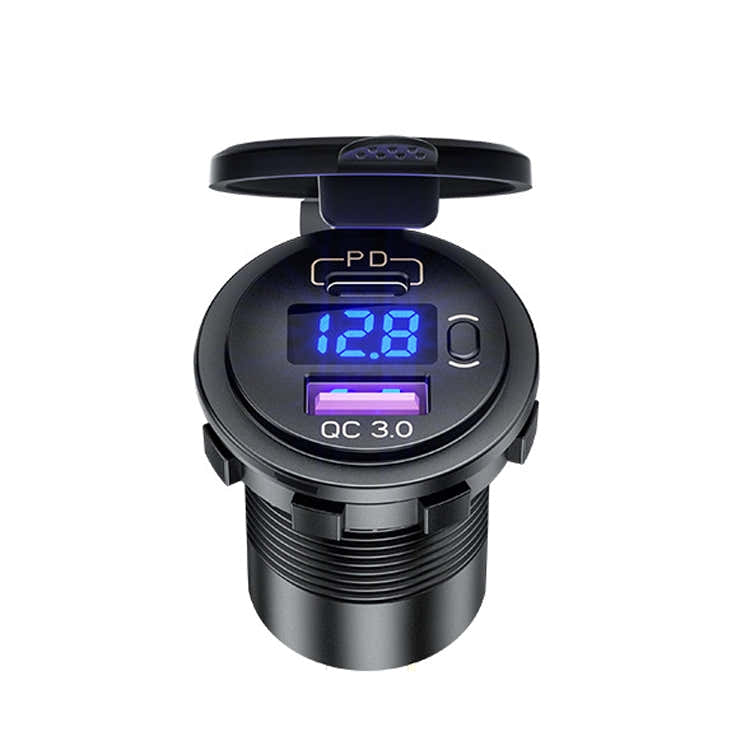 12V Modified Car USB Charger With Voltage Display PD QC3.0 Socket(With 60cm Line Red Light)