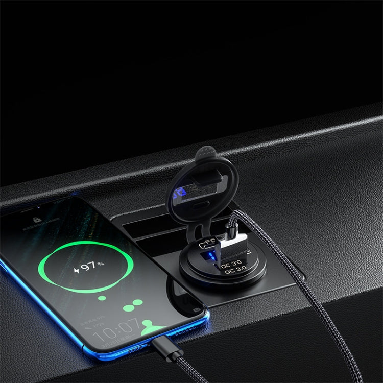 12V Modified Car USB Charger With Voltage Display PD QC3.0 Socket(With 60cm Line Blue Light)