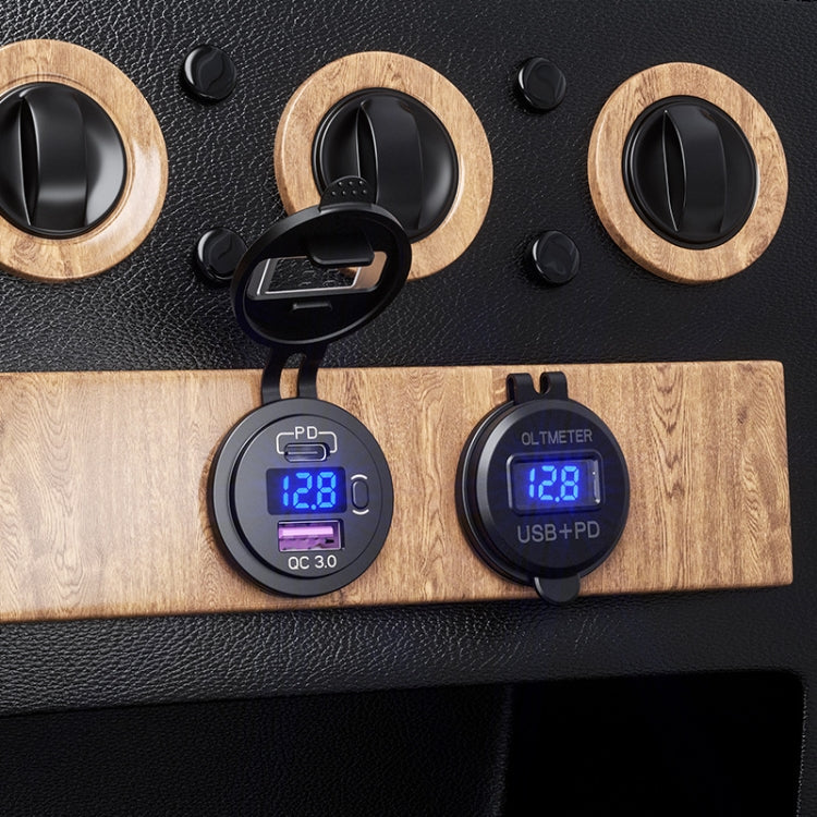 12V Modified Car USB Charger With Voltage Display PD QC3.0 Socket(With 60cm Line Blue Light)