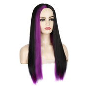 Fashion Medium Haircut Side Bangs Highlight Color Long Straight Wig(Black Rose Red)
