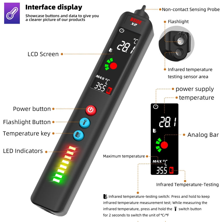 BSIDE X2 Three-Mode Smart Multimeter Electric Pen Infrared Thermometer with Flashlight Lighting