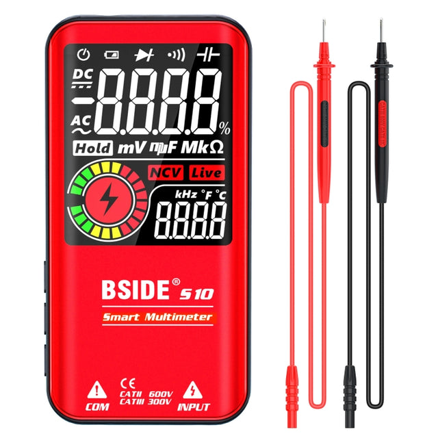 BSIDE Digital Multimeter 9999 Counts LCD Color Display DC AC Voltage Capacitance Diode Meter, Specification: S10 Dry Battery Version (Red)