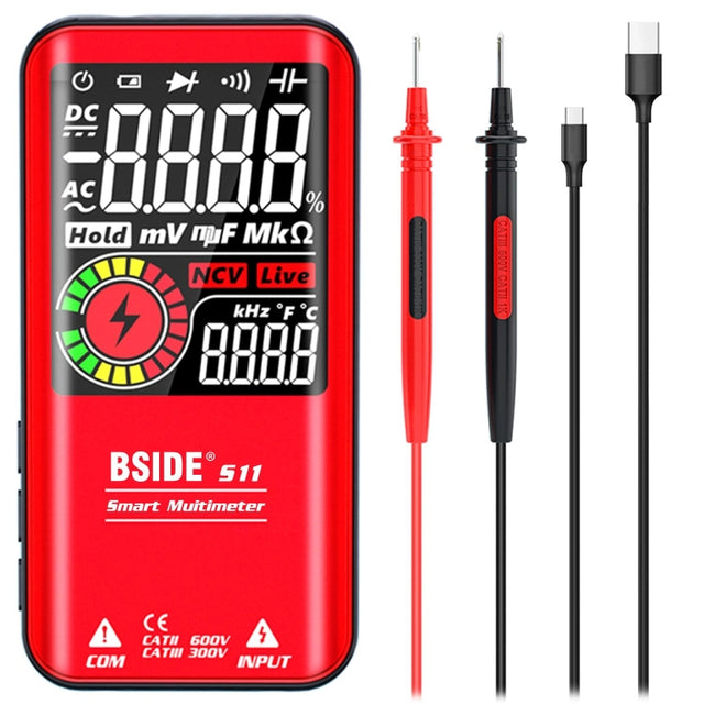 BSIDE Digital Multimeter 9999 Counts LCD Color Display DC AC Voltage Capacitance Diode Meter, Specification: S11 Recharge Version (Red)