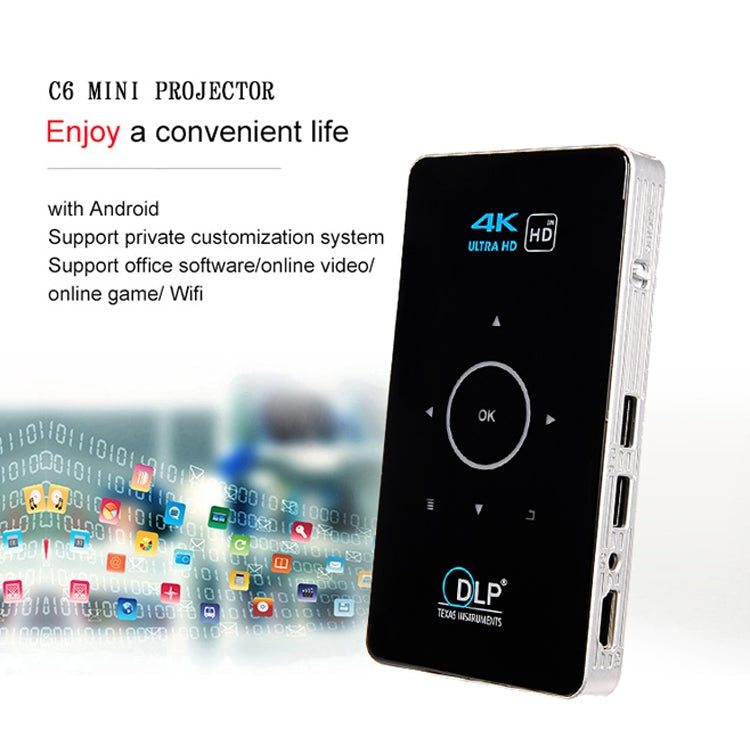 C6 2GB+32GB Android Smart DLP HD Projector Mini Wireless Projector, UK Plug (White)