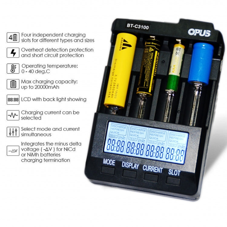 OPUS BT-C3100 Smart Smart Digital Intelligent 4-Slot Battery Charger(US Plug)