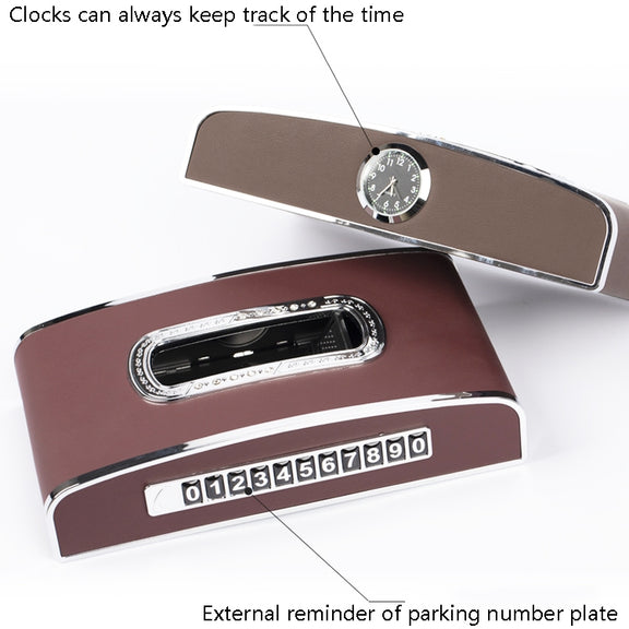 Car Clock Tissue Box Multi-Function Vehicle Instrument Table Paper Towel Box, Style: Clock+Parking Card (Black)