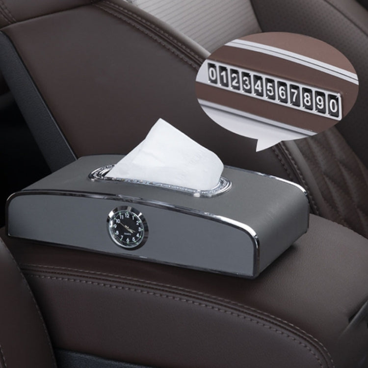Car Clock Tissue Box Multi-Function Vehicle Instrument Table Paper Towel Box, Style: Clock+Parking Card (Gray)