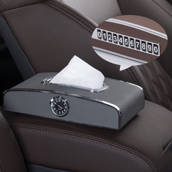 Car Clock Tissue Box Multi-Function Vehicle Instrument Table Paper Towel Box, Style: Clock+Parking Card (Gray)