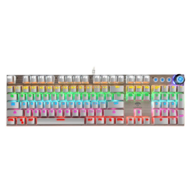 LEAVEN K990 Knob Version 104 Keys Office Computer Game Mechanical Green Axis Wired Keyboard, Cabel Length:1.8m(White)
