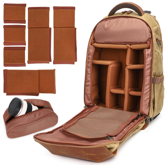 K805 Water-resistant Batik Canvas Camera Backpack Outdoor Liner Shoulder Photography Bag(Khaki)