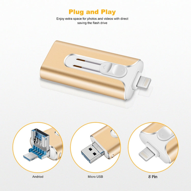 64GB Micro USB + 8 Pin + USB 2.0 3 in 1 Mobile Phone Computer U-Disk(Gold)