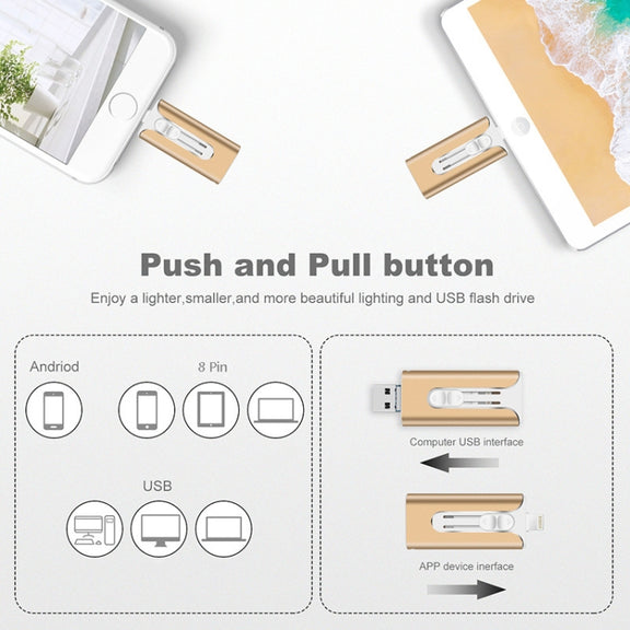 64GB Micro USB + 8 Pin + USB 2.0 3 in 1 Mobile Phone Computer U-Disk(Gold)