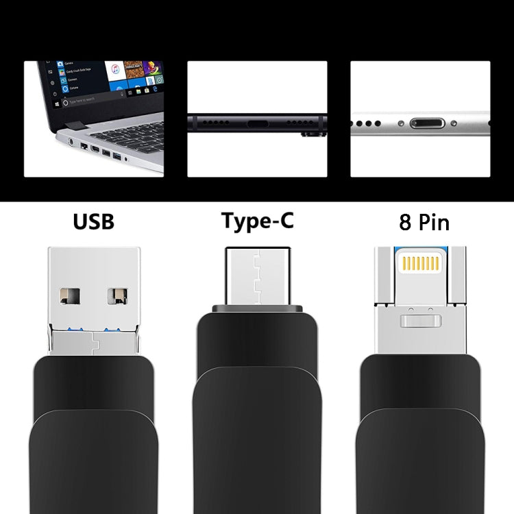 64GB USB 3.0 + 8 Pin + USB-C / Type-C 3 in 1 Mobile Computer Metal U-Disk(Black)