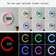 LED Mirror Hollow Wall Clock 7-color Switch Electronic Digital Display Wall Clock(White)
