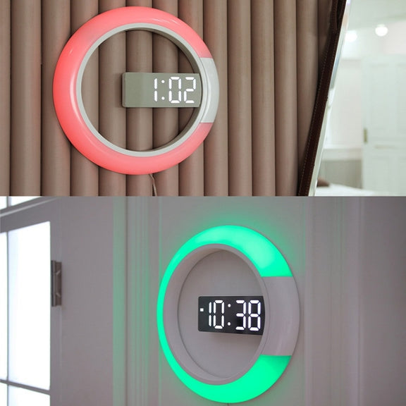 LED Mirror Hollow Wall Clock 7-color Switch Electronic Digital Display Wall Clock(White)
