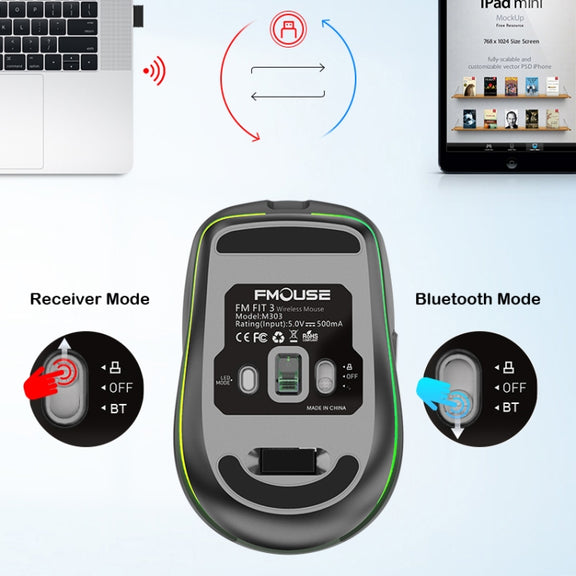 Fmouse M303 2400DPI Bluetooth&2.4G Dual Modes Rechargeable RGB Mouse(White)