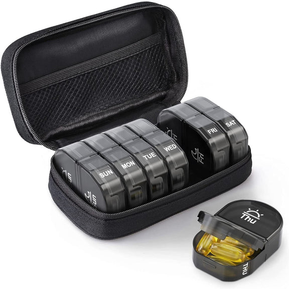 14 Compartment Medicine Box Plastic Double Row Leather Bag Pill Box(Black)