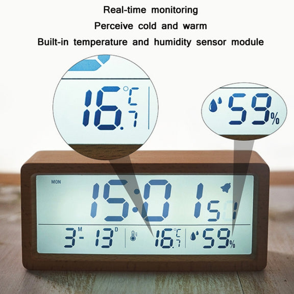 1906 Solid Wood Luminous Clock Large Screen Temperature And Humidity Clock(Eucalyptus Yellow)