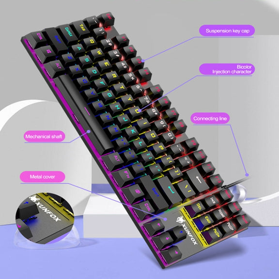 XUNFOX K80 87 Keys Wired Gaming Mechanical Illuminated Keyboard, Cable Length:1.5m(Black Gray)
