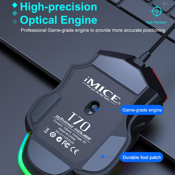 IMICE T70 8-Button 7200DPI RGB Lighting Programmable Wired Gaming Mouse, Cable Length: 1.8m(Black)