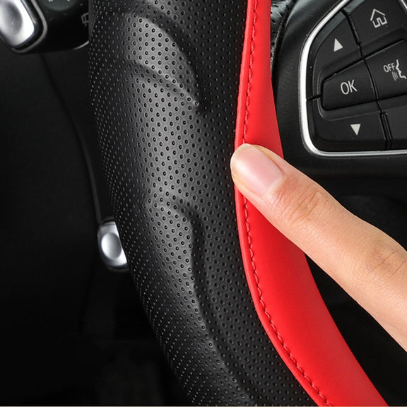 Leather Carbon Fiber Stitching Car Steering Wheel Set, Diameter: 38cm(Black Red D Shape)