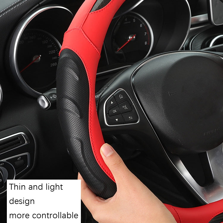 Leather Carbon Fiber Stitching Car Steering Wheel Set, Diameter: 38cm(Black Red Round)