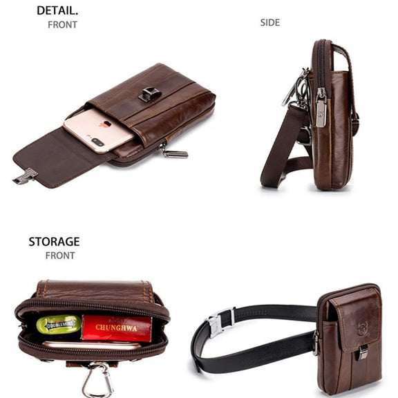 BULL CAPTAIN Multifunctional Leather Mobile Phone Small Waist Bag For Men(Vertical Black)